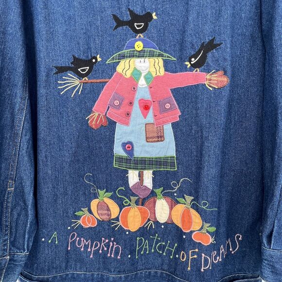 The Quacker Factory Womens‎ Denim Jacket Autumn Thanksgiving Scarecrow Pumpkins - Picture 6 of 7